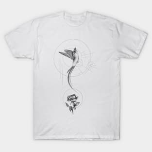 Beautiful Bird Flying with Rose and Geometrical Shapes T-Shirt